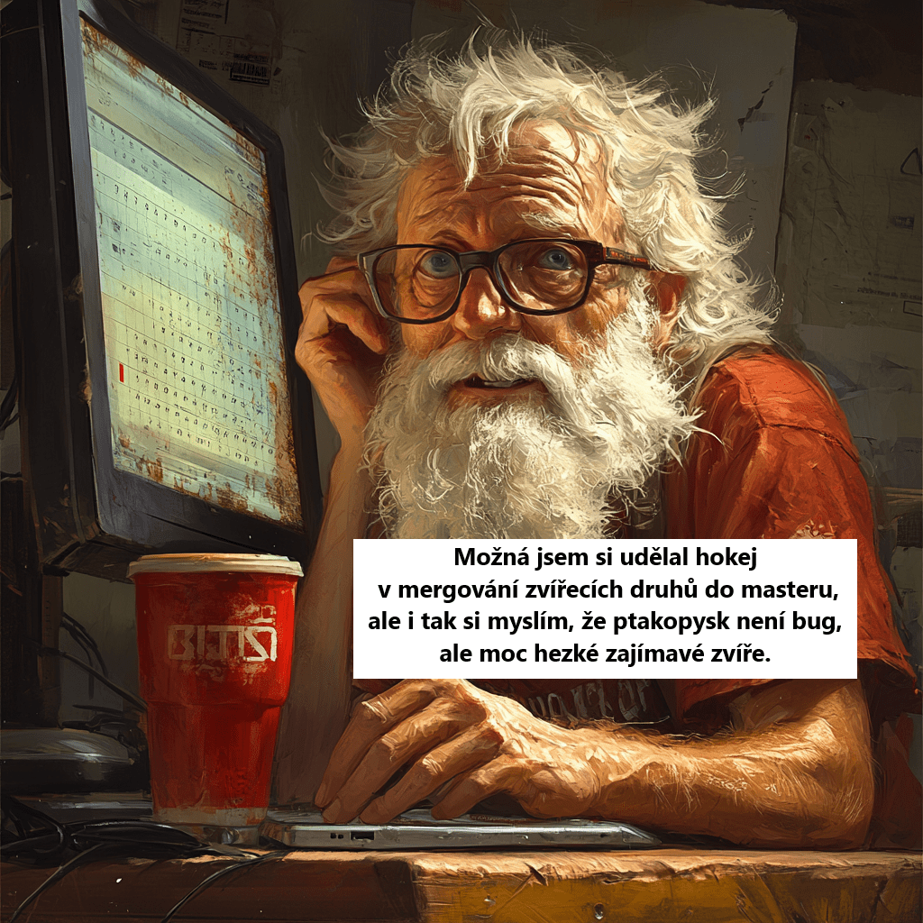 stary muz buch u notebooku pije colu