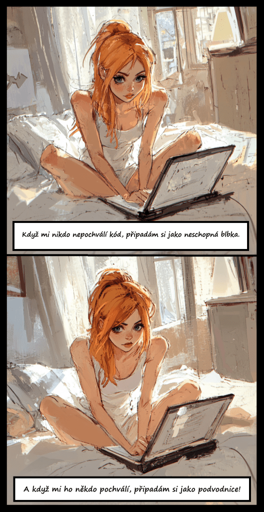 mrzutá zrzavá programátorka v posteli s notebookem