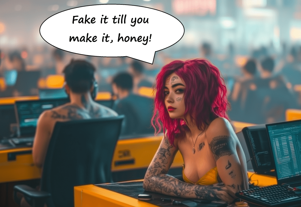 žena s růžovými vlasy v kanceláří